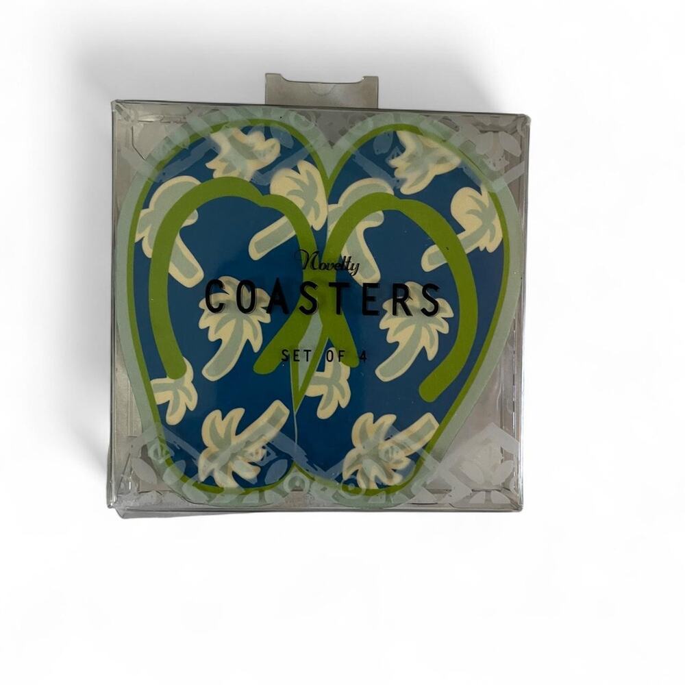 Island Heritage Hawaii Flip Flop Coasters Set of 4 Blue Tropical Leaf Design